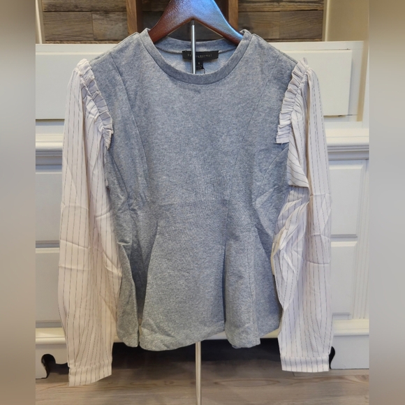 Dance & Marvel Heather Gray Sweater Blouse with Off White Pin Striped Sleeves - Picture 3 of 9
